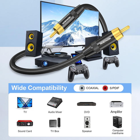 10FT, HOSONGIN RCA Subwoofer Cable RCA Male to Male Digital Coaxial Audio Cable for Home Theater, Soundbars