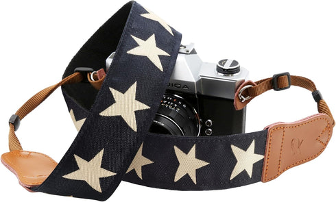 Padwa Lifestyle Pentagram Embroidered Camera Strap, Double Layer Cowhide Ends, 2" Cotton Woven Adjustable Vintage Neck