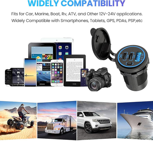 12V USB C Outlet, Two USB-C PD 20W Power Socket and 18W QC3.0 Socket Waterproof Power Outlet for Car, Golf Cart, Boat