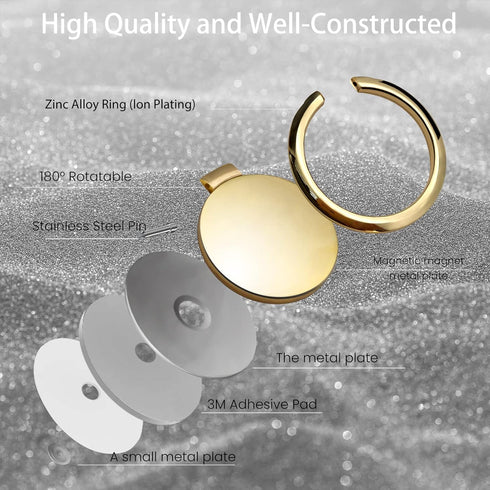 Metal Cell Phone Ring Holder, 360 Degree Rotation Kickstand Grip for Magnetic Car Mount, Gold