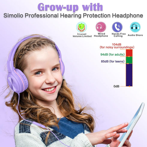 SIMOLIO Wired Headphones for Kids, Girls School Headphone with Microphone, Safe Volume Limiter, Foldable Adjustable
