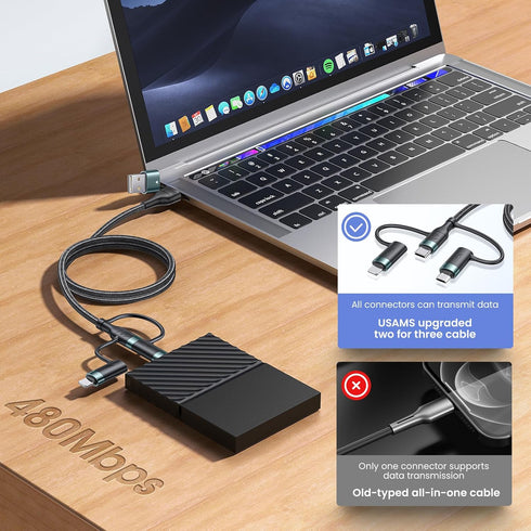 PD 60W USB C Multi Fast Charging Cable, 5-in-1 Nylon Braided Cord for Laptop/Tablet/Phone, 3A