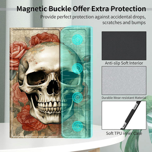 Skull Roses Keyboard Case for Kindle Fire HD 10 and Fire HD 10 Plus Tablet, 11th Generation 2021 Release, Slim Stand