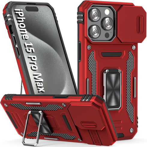 iPhone 15 Pro Max Case with Slide Camera Cover & Finger Ring Holder, Magnetic Car Mount Compatible (Red)