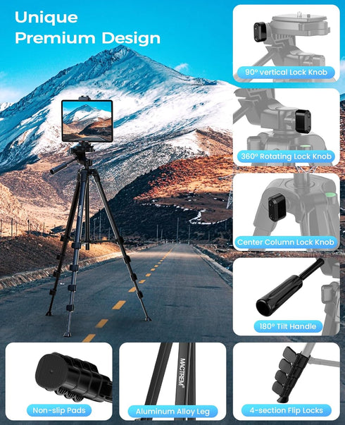 67" Tripod for iPhone, MACTREM iPad Tripod Stand with 2 in 1 Phone Holder & Wireless Remote for Video Recording,