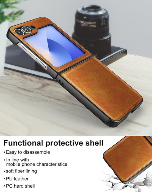 Foluu Samsung Galaxy Z Flip 6 5G Case, Yellow Leather + Hard PC Shell Ultra Thin Slim Durable Protective Cover