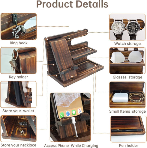 Phone Organizer Birthday Gifts for Men, Wood Docking Station, Nightstand Organizer for Desk, Brown