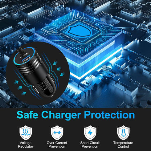 60W Super Fast Charging Android Car Charger Type C Rapid Samsung Car Charger with 3ft Built-in USB C Cable for Samsung