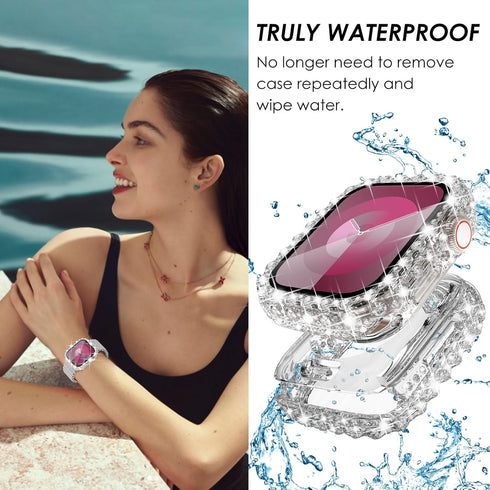 Surace 2 in 1 Waterproof Bling Case for Apple Watch Series 9/8/7 41mm, Lace Edge Diamond Protective Bumper Cover (Clear)
