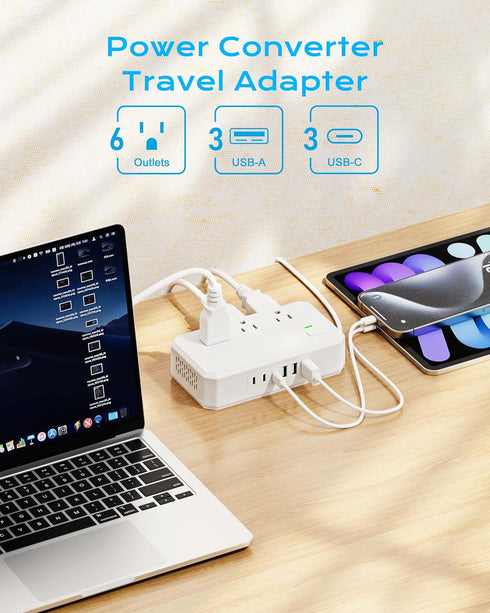 PD 20W Voltage Converter US to Europe, 250W Step Down 220v to 110v with 6 AC Output and USB Ports