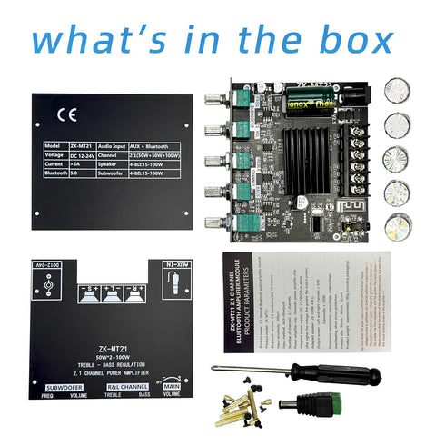 ZK-MT21 2.1 12V-24V Channel Bluetooth Amplifier Board Mini Audio Receiver with Subwoofer Output, Bass Treble Control