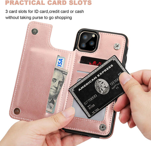 OT ONETOP Wallet Case for iPhone 11 Pro Max, Rose Gold, PU Leather, Card Holder, Kickstand, Shockproof Cover, 6.5 Inch