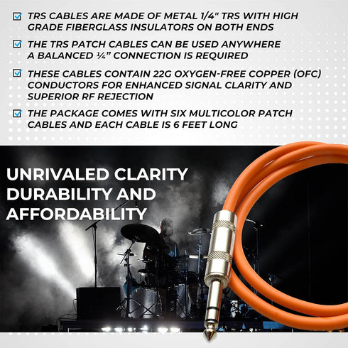 Seismic Audio Speakers ¼” to ¼” TRS Patch Cables, 6 Foot, Pack of 6, Multi Color