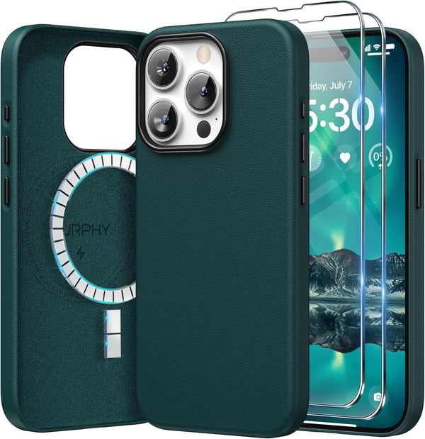 SURPHY iPhone 15 Pro Leather Case, Forest Green, with Screen Protector, MagSafe Compatible, Faux Leather, 6.1" 2023.
