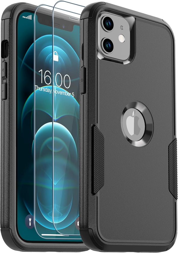 iPhone 12/iPhone 12 Pro Case (6.1in) - Black, 10FT Military Dropproof, Non-Slip Shockproof + 2 Tempered Glass