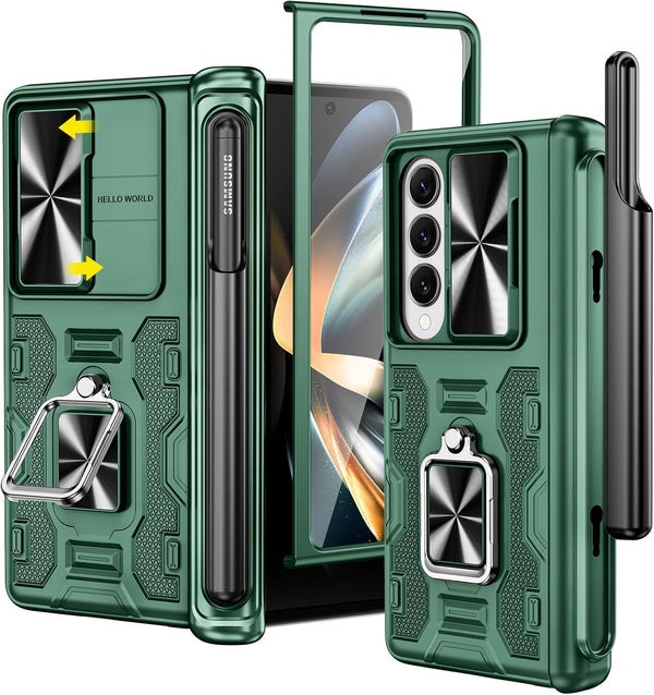 VEGO Protective Armor Case for Galaxy Z Fold 4 with S Pen Holder, Hinge Protection, 360° Ring Kickstand, Green