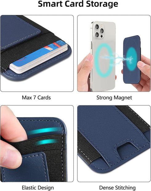Upgraded Magsafe Wallet, Strongest Magnetic Wallet for iPhone with 2 Card Slots, Vegan Leather, Fit 7 Cards, Navy Blue