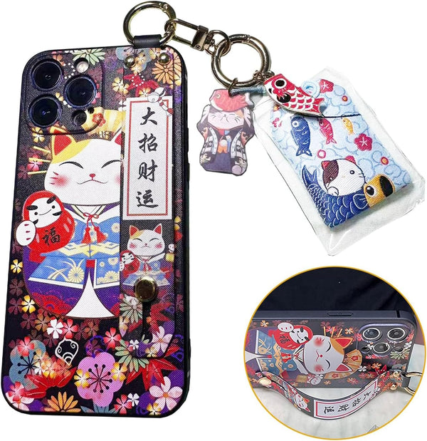 Compatible with iPhone 12 Pro Case | Cute Japanese Lucky Cat Design, Glitter Luxury Soft Silicone with Phone Lanyard