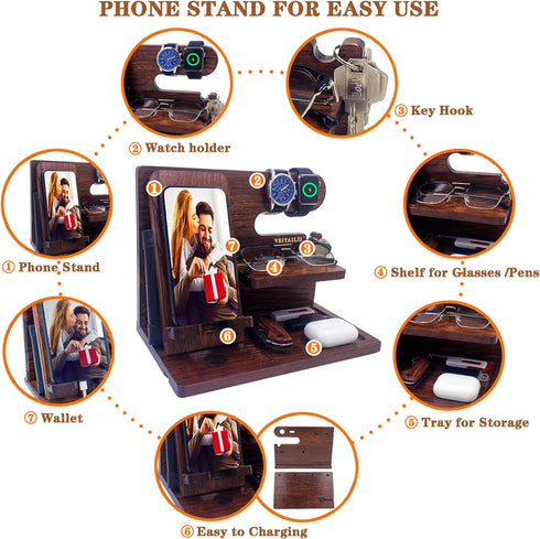 VEIYAILU Gifts for Men Women Brother Boss Boyfriend Him Nightstand Organizer Gifts for Dad from Daughter Son Wood Phone