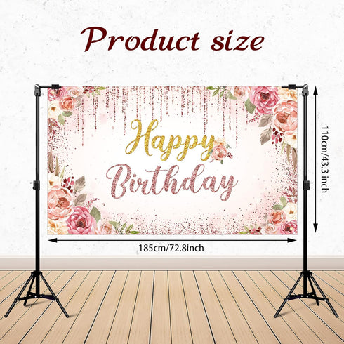Happy Birthday Backdrop Decorations for Women, Rose Gold Floral Glitters Banner Party Supplies for Girls Boys