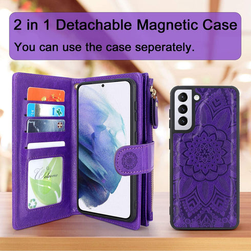 Harryshell Detachable Magnetic Zipper Wallet Leather Case with Cash Pocket and 12 Card Slots for Samsung Galaxy S21 5G