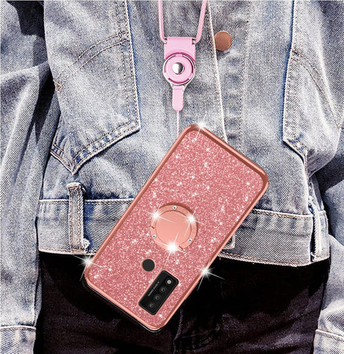 nancheng Case for TCL 20 XE 6.5-inch, Cute Girls Women Glitter Soft Silicone Cover with Stand - Rose Gold