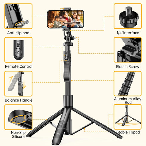 61" Selfie Stick Tripod, All in One Extendable Phone Tripod Stand with Wireless Remote 360° Rotation for iPhone and Android Phone Selfies, Video Recording, Vlogging, Live Streaming, Aluminum
