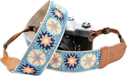 Padwa Lifestyle Hollow Crochet Pink Daisy Camera Strap, Double Layer Cowhide Ends, Adjustable Neck & Shoulder Strap