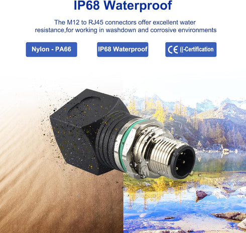 RJ45 to M12 4-Pin Adapter - M12 RJ45 Male Female Industrial Ethernet Connector, IP68 Waterproof, 10Gb/s Transmission