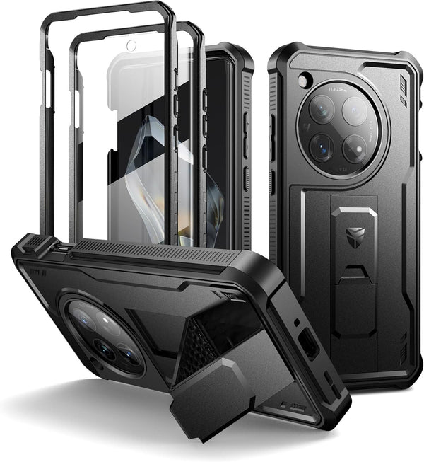 Dexnor OnePlus 12 Case - Heavy Duty Shockproof, Military Grade, Built-in Screen Protector & Kickstand, Black.