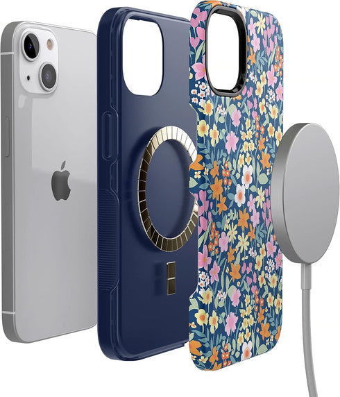 Casely iPhone 14 Plus Case | Navy Floral Full Bloom | Compatible with MagSafe