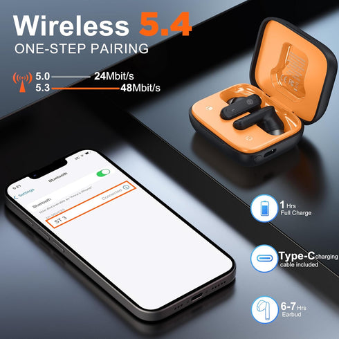 THREE PEACHES Wireless Earbuds, Bluetooth 5.4 Headphones, Touch Screen Earbuds with ENC Noise Cancelling, USB Charging