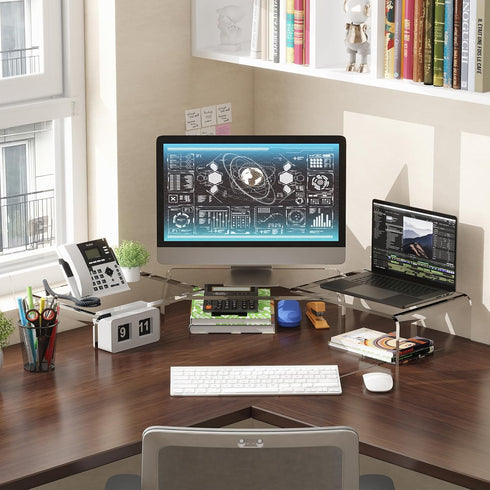 X-cosrack Acrylic Monitor Stand Riser, Dual Monitor Stand with Adjustable Length and Angle, 3 Shelf for Laptop, TV