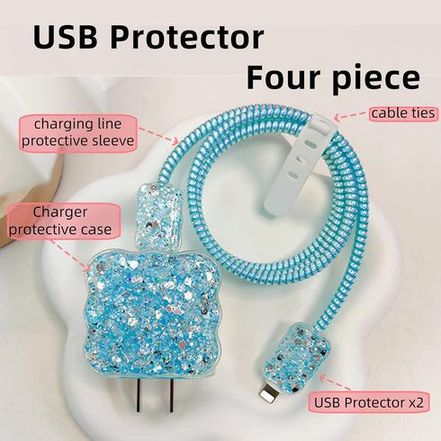 Cute Cable Protector, Bling Glitter Waves Edge Design for iPhone Charger, Luxury Soft Data Line Cover (Blue)