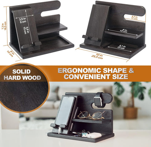 TESLYAR Wood Phone Docking Station, Ash Key Holder Wallet Stand Organizer for Men Gift, Black