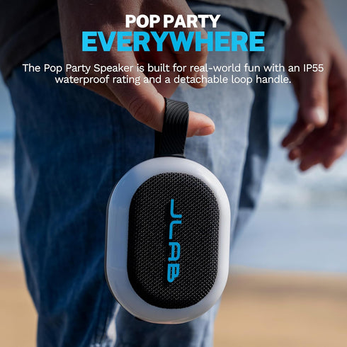 JLab 8+ IP55 100 Pop Party Portable Bluetooth Speaker, Black, Hours of Playtime, Waterproofing, Detachable Loop Handle