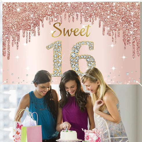 Sweet 16th Birthday Banner Backdrop Decorations for Girls, Rose Gold 16 Birthday Party Sign Supplies, Pink Poster Decor