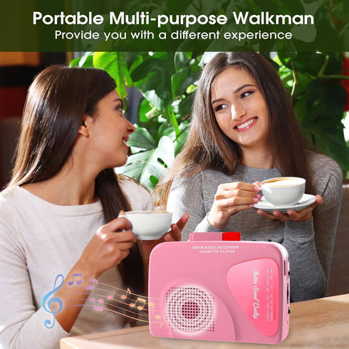 Walkman Cassette Player AM/FM Radio, Portable Tape Player with Built-in Speakers, Manual Record - Pink