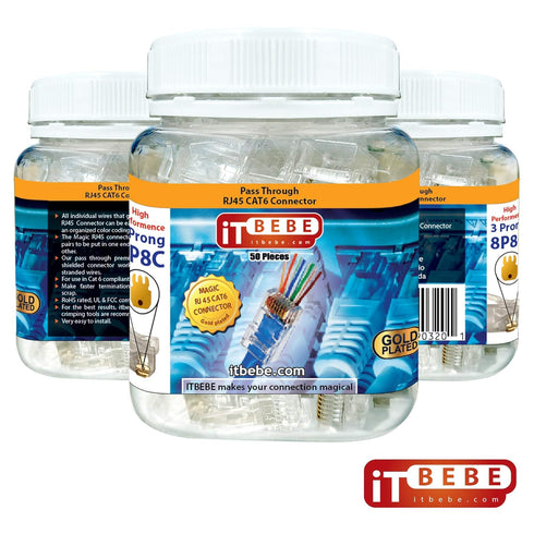 ITBEBE 50 Pieces RJ45 Cat6 Pass Through Connectors - Gold Plated Transparent Passthrough Ethernet Insert Crimp Connector UTP Network Plug for 24 AWG Cables