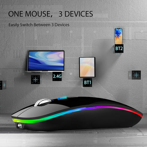 TENMOS Wireless Bluetooth Mouse, LED Slim (Bluetooth 5.1 + USB) 2.4GHz Rechargeable Silent Mouse with Type C Adapter,