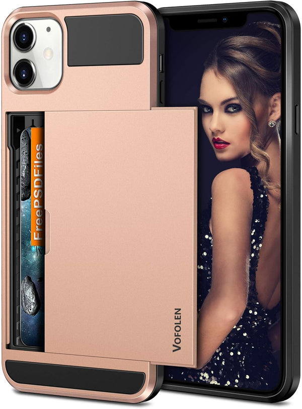Vofolen iPhone 12 Case 5G Wallet Cover - Credit Card Holder Slot, Anti-Scratch Dual Layer Protective, Rose Gold