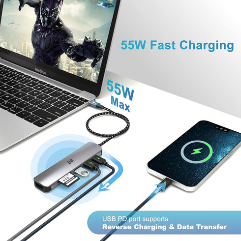 USB C Hub HDMI Adapter for MacBook Air Pro, 6 in 1 4K Dongle Multiport Converter with 50cm Cable, USB 3.0 Data Transfer