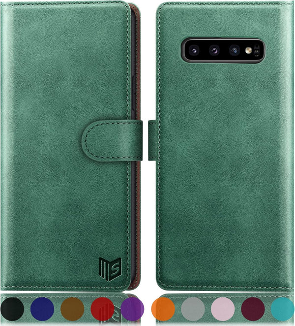 SUANPOT Samsung Galaxy S10 6.1" Wallet Case - RFID Blocking Leather Flip Folio Book Phone Case, Shockproof, Green