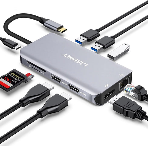 Lasuney 10 in 1 USB Type C HUB with Triple Display, 2 HDMI, Ethernet, PD3.0, 3 USB Ports, SD/TF Docking Station