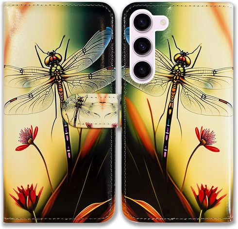 Bcov Colorful Dragonfly Style Leather Flip Wallet Case for Samsung Galaxy S24, Kickstand with Card Slot Holder