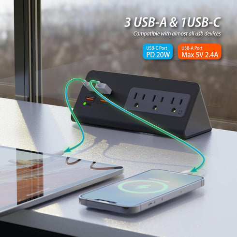 Upgraded Edge Mount Power Strip with USB-C Ports, Tabletop Surge Protector, 3 AC Outlets & 4 Fast Charging USB Ports