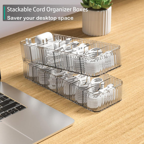 Cable Storage Boxes Organizers 2 Pack,Cord Charger Storage Organizer Box Case with 20pcs Cable Ties,Stackable,Clear by Tamomic