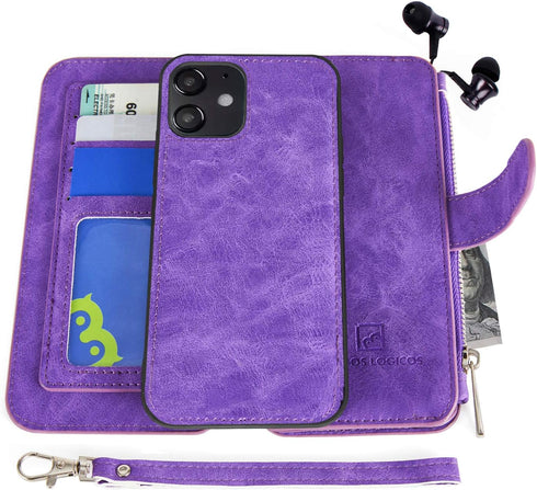 MODOS LOGICOS Detachable Wallet Folio Compatible with iPhone 12 Mini, Purple PU Leather Purse with Zipper