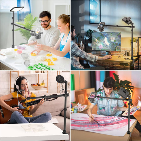 Overhead Camera Mount Table Stand with 2 Section Telescopic Arm, Adjustable Light Stand Mount for DSLR, Phone, Webcam