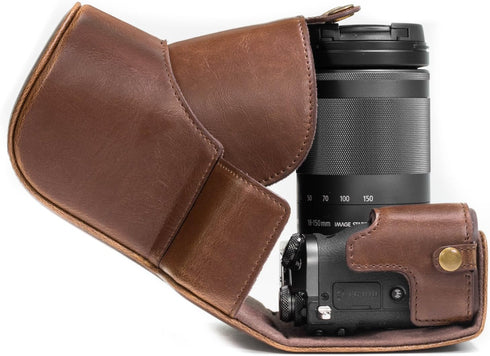 MegaGear Ever Ready Leather Camera Case for Canon EOS M6 (18-150 mm), Dark Brown with Battery Access